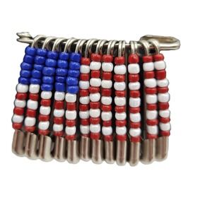 Vintage Patriotic American Flag Safety Pin Beaded Brooch Red White Blue 4th July